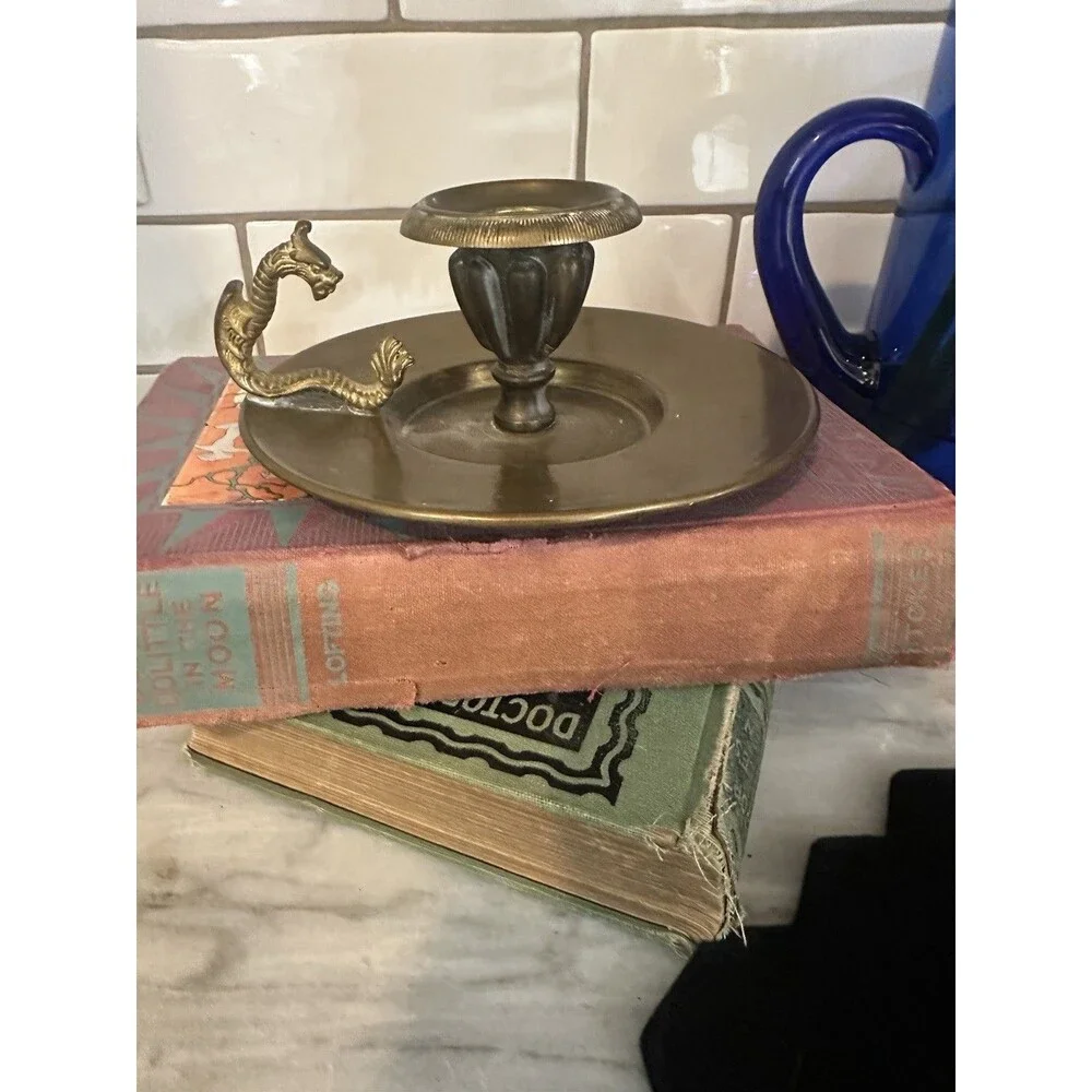 Vintage Brass Dragon Handle Candlestick Candle Holder Chamberstick